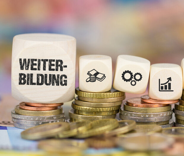Das Bild zeigt mehrere Stapel Münzen, auf denen sich Würfel befinden. Auf einem großen Würfel steht dsa Wort "Weiterbildung", danach folgen sechs kleinere Würfel mit Symbolbilder, beispielsweise ein Daumen, der nach oben zeigt und ein Chart mit Aufwärtstrend.