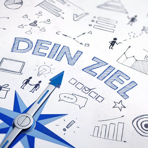 Grafik eines Kompasses, der auf einen Schriftzug zeigt. Der Schriftzug lautet: Dein Ziel. 