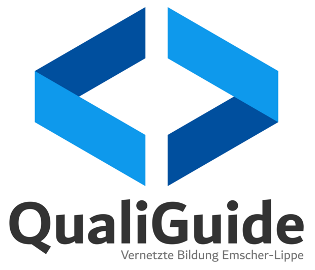 Das Bild zeigt das Logo des Internetauftrittes QualiGuide. Der Schriftzug QualiGuide ist schwarz. Darüber wird ein blaues dreidimensionales Quadrat angedeutet, das sich aus zwei Teilen zusammensetzt. Das Logo enthält den Zusatz "Vernetzte Bildung Emscher-Lippe".