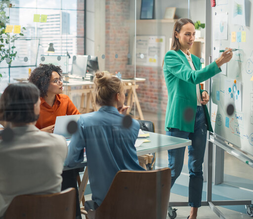 Fünf Erwachsene sitzen an einem Tisch in einem Konferenzraum. Eine weitere Frau steht vorne und zeigt etwas an einer Pinnwand. 