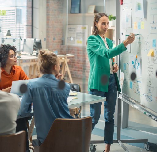Fünf Erwachsene sitzen an einem Tisch in einem Konferenzraum. Eine weitere Frau steht vorne und zeigt etwas an einer Pinnwand. 