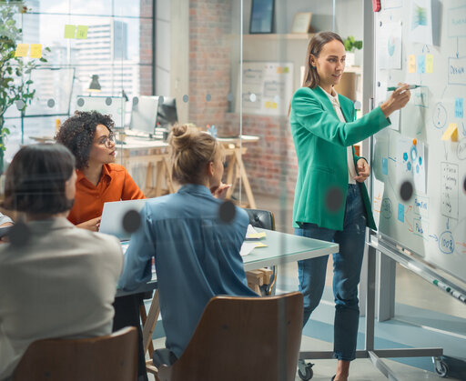 Fünf Erwachsene sitzen an einem Tisch in einem Konferenzraum. Eine weitere Frau steht vorne und zeigt etwas an einer Pinnwand. 