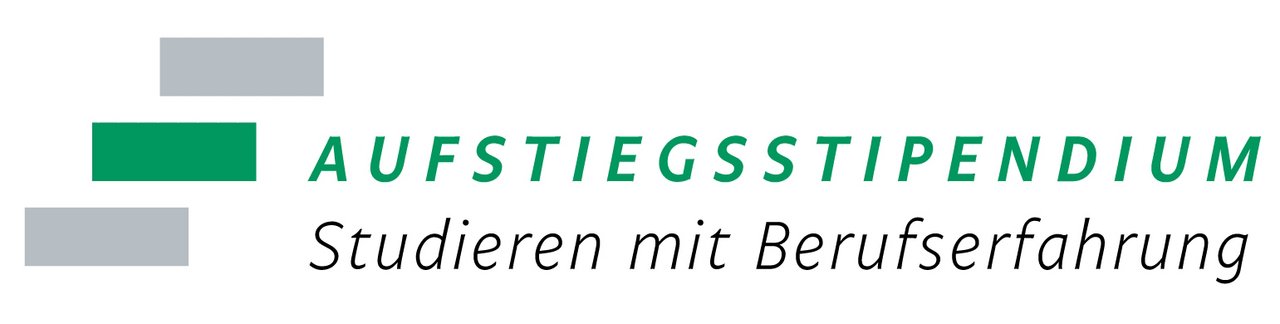 Das Bild zeigt das Logo des Aufstiegsstipendiums. Darauf steht: Aufstiegsstipendium. Studieren mit Berufserfahrung. Die Farben sind grün und grau.