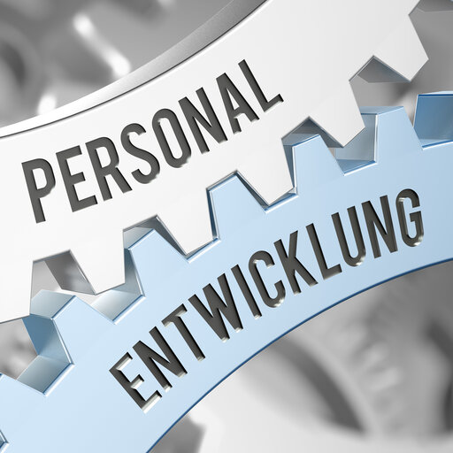 Zwei Zahnräder mit der Aufschrift "Personal" und "Entwicklun" greifen ineinander.