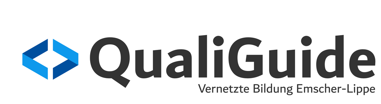 Das Bild zeigt das Logo des Internetauftrittes QualiGuide. Der Schriftzug QualiGuide ist schwarz. Davor wird ein blaues dreidimensionales Quadrat angedeutet, das sich aus zwei Teilen zusammensetzt. Das Logo enthält den Zusatz "Vernetzte Bildung Emscher-Lippe".