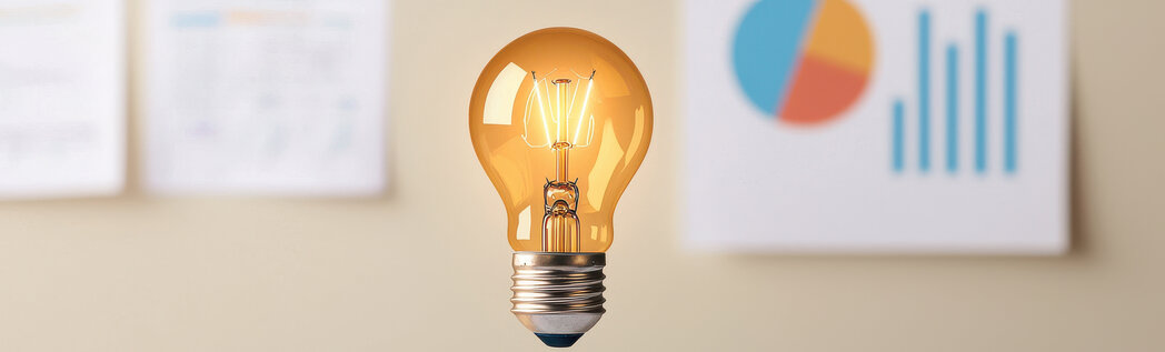 Das Bild zeigt eine leichtende Glühbirne. Im Hintergrund erkennt man angepinnte Papiere mit Diagrammen.
